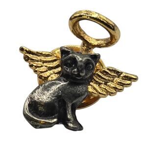 Angel Cat Pin Lapel Vintage Gold Wings Halo Kitty Pewter Minimalist SKU 3107